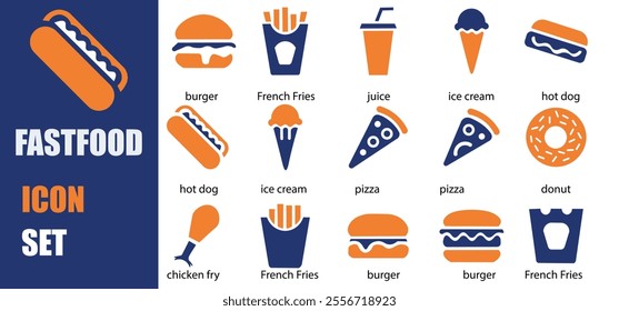 fast food icon set. Containing burger, pizza, hot dog, donut,  juice  icons. Solid icon collection.