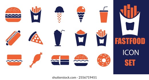 fast food icon set. Containing burger, pizza, hot dog, donut,  juice  icons. Solid icon collection.