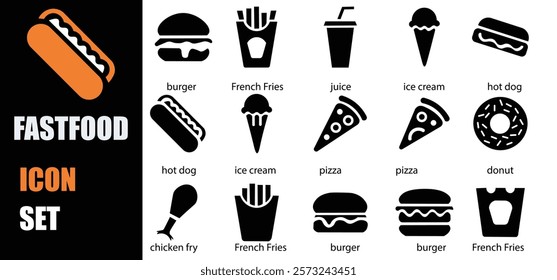 fast food icon set. Containing burger, pizza, hot dog, donut,  juice  icons. Solid icon collection.