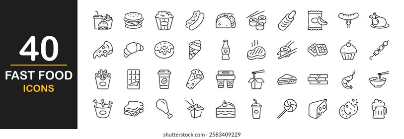 Fast food icon set. Containing burger, pizza, hot dog, donut, french fries, sandwich, ice cream, soda, kabab, sausage, burrito, and more. Fast food and drink. Vector illustration