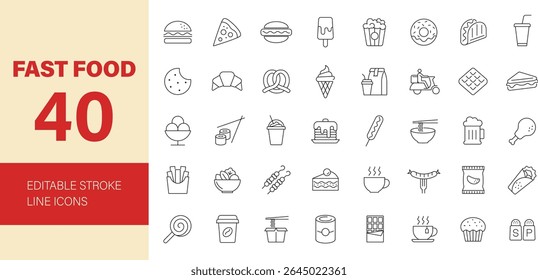 Fast food icon set. Containing burger, donut, french fries, hot dog, kabab, pizza, ice cream, beer, coffee, desserts, restaurant menu and more. Editable line icons. Vector illustration.