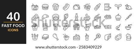 Fast food icon set. Containing burger, pizza, hot dog, donut, french fries, sandwich, ice cream, soda, kabab, sausage, burrito, and more. Fast food and drink. Vector illustration