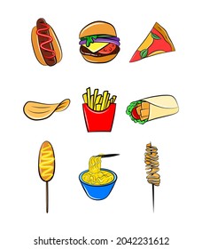 Fast Food Icon Set Doodle Cartoon Vector Clip Art Graphic Decor Element Hot Dog Corn Hamburger Meat Pizza French Fries 