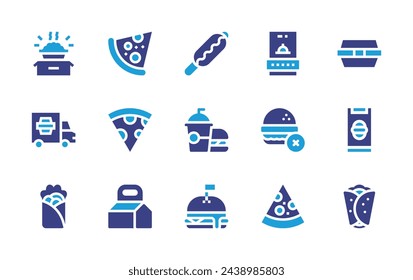 Fast food icon set. Duotone color. Vector illustration. Containing fast food, burger, box, junk food, order, no junk food, pizza slice, kebab, shawarma, pizza, box.