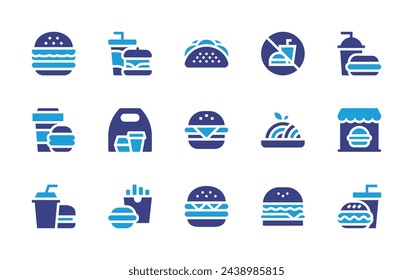 Fast food icon set. Duotone color. Vector illustration. Containing tacos, hamburger, fast food, package, burger, restaurant, burguer, no junk food, pasta.