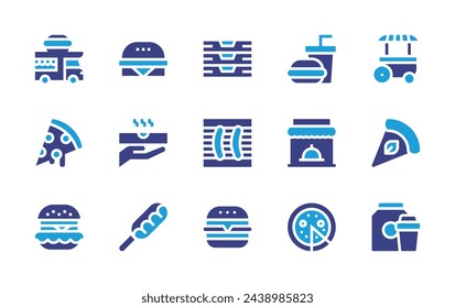 Fast food icon set. Duotone color. Vector illustration. Containing food, street food, store, pizza slice, pizza, hamburguer, takeaway, hot dog, burger, grill.