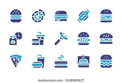 Fast food icon set. Duotone color. Vector illustration. Containing fast food, food delivery, burger, sausage, hot dog, pizza, sandwich, hamburger.