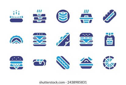 Fast food icon set. Duotone color. Vector illustration. Containing hotdog, pizza, hamburger, hot dog, nachos, sausages, sandwich, tacos, french fries, burger.