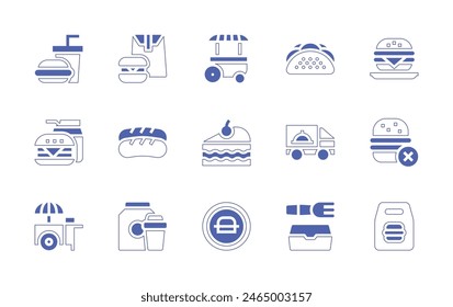 Fast food icon set. Duotone style line stroke and bold. Vector illustration. Containing tacos, fast food, cake, burger, delivery, stand, package, food, street food, junk.