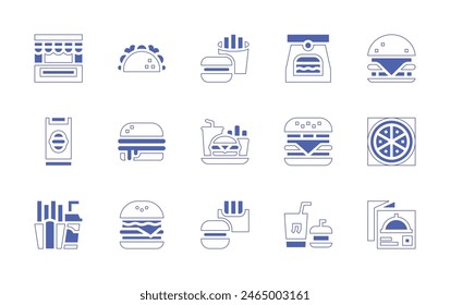 Fast food icon set. Duotone style line stroke and bold. Vector illustration. Containing menu, fast food, stand, order, burger, take away, taco, hamburger, pizza box.