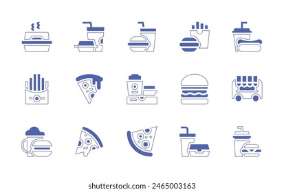 Fast food icon set. Duotone style line stroke and bold. Vector illustration. Containing burger, container, fast food, beef, delivery, truck, junk, pizza.