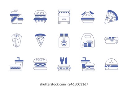 Fast food icon set. Duotone style line stroke and bold. Vector illustration. Containing burger, package, food, fast food, stand, package, pizza slice, shawarma, pizza, hamburger.