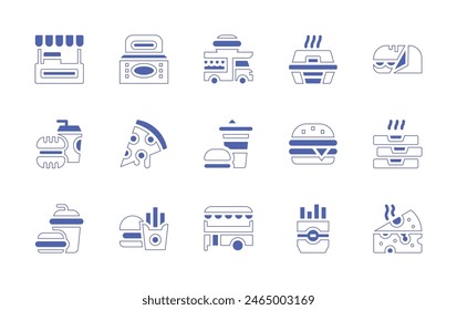 Conjunto de iconos de comida rápida. Trazo de línea de estilo duotono y negrita. Ilustración vectorial. Con camión de comida, comida rápida, puesto de comida, rebanada de pizza, hamburguesa, queso, papas fritas, sándwich, pizza, hamburguesa, para llevar.