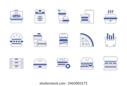 Fast food icon set. Duotone style line stroke and bold. Vector illustration. Containing fast food, no fast food, take away, hamburger, burger, pizza, french fries.