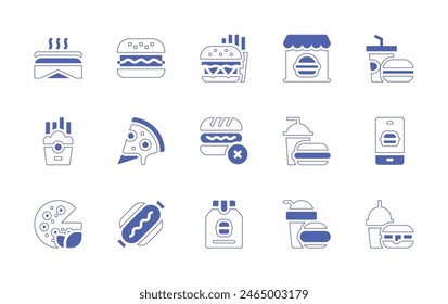 Fast food icon set. Duotone style line stroke and bold. Vector illustration. Containing fast food, restaurant, no fast food, food delivery, hamburger, pizza, hot dog, french fries.