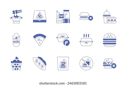 Fast food icon set. Duotone style line stroke and bold. Vector illustration. Containing hamburger, take away, no fast food, hot, delivery, container, food, no junk food, pizza slice.