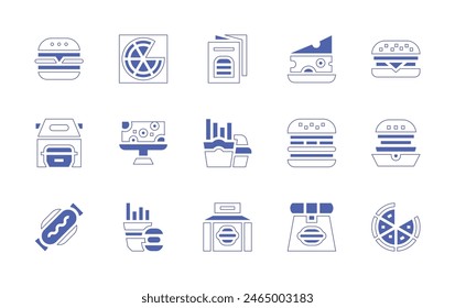 Conjunto de iconos de comida rápida. Trazo de línea de estilo duotono y negrita. Ilustración vectorial. Contiene volante, comida rápida, paquete de alimentos, hamburguesa, queso, pizza, hamburguesa, perrito caliente, caja de pizza, llevar.