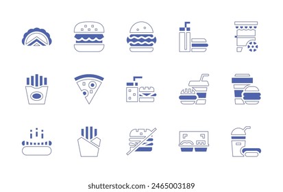 Fast food icon set. Duotone style line stroke and bold. Vector illustration. Containing fast food, no fast food, court, package, hamburger, fries, pizza, french fries, hot dog, tacos.