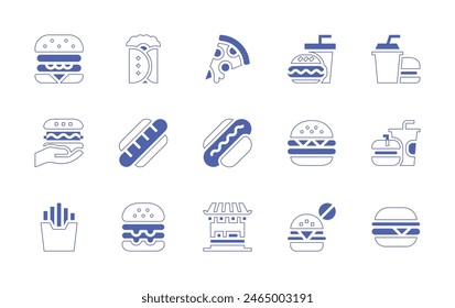 Fast food icon set. Duotone style line stroke and bold. Vector illustration. Containing pizza, fast food, hot dog, hamburger, burguer, no fast food, food stall, burger, burrito.