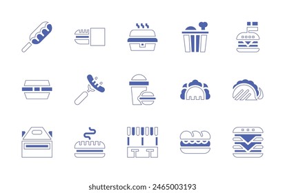 Fast food icon set. Duotone style line stroke and bold. Vector illustration. Containing street food, fast food, take out, container, box, taco, tacos, hot dog, sausage, sandwich, hamburger.
