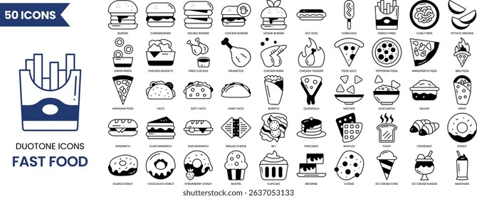 Fast food icon set in duotone style. Containing burger, pizza, hot dog, donut, french fries, sandwich, ice cream, taco, nachos, burrito and more. Vector illustration