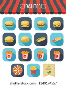 Fast food icon set and eco label. Flat design. Vector illustration