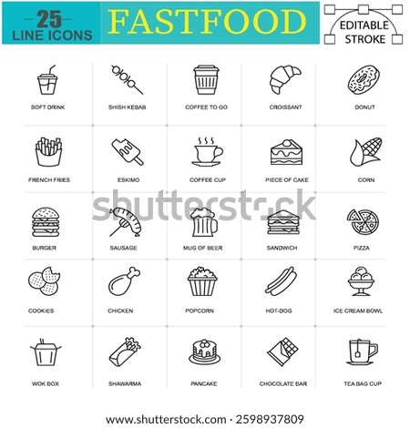 Fast Food Icon Set - Editable Stroke Monochrome Collection