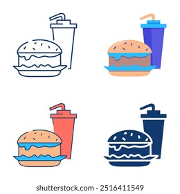 Icono de comida rápida en estilo plano y línea. Hamburguesa y bebida, comida chatarra. Ilustración vectorial.