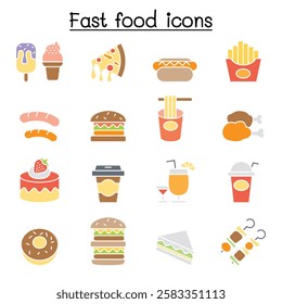 fast food icon set  in flat color style