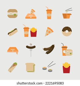 fast food icon set french fries pizza burger drinks sandwich