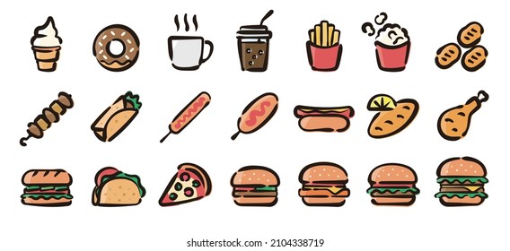 Fast food icon set for graphic (Hand draw color version)