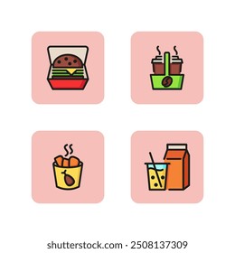 Fast food icon set. Hamburger, carton with juice, chicken nuggets, coffee. Takeaway food concept. Vector illustration can be used for topics like service, unhealthy eating