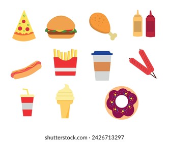 Fast-Food-Icon-Set. Hand Zeichnung Vektor-Illustration. Pizza Hamburger Ketschup Wurst Pommes frites