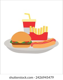 Fast food icon set. Hand drawing vector illustration. Pizza hamburger ketchup sausage french fries