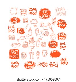 Fast food icon set hot dog, hamburger, pizza slice, ice cream. Fast food menu. Lettering. Hand-drawn illustration. Sketch. Isolated objects on white background. Vector illustration.