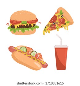 Fast food icon set. Includes illustrations of pizza slice, burger, hot dog and soda pepper cup. Flan hand drawn vector design