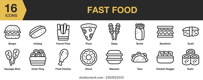 Fast Food icon set. Includes burger, burrito, donut, hotdog, satay, onion ring, taco, and More. Outline icons vector collection.