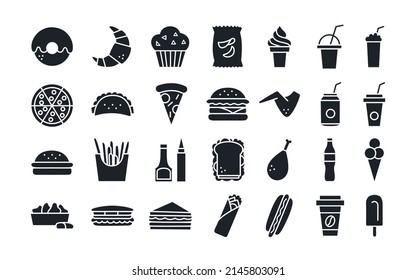 Fast food icon set. Isolated vector silhouettes