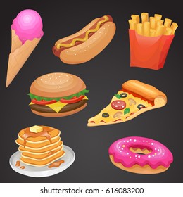 Fast food icon set isolated on black background. Vector art. 