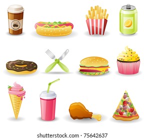 Fast food icon set.  Isolated on a white background.