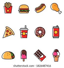 Fast food icon set. Junk food icons symbol. icon pack.