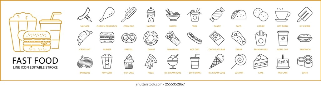 Fast Food Icon Set In line Style. Fast Food Icons. Vector Illustration. Editable Stroke.