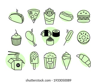 Fast food icon set. Pictograms for web. Line stroke. Isolated on white background. Vector eps10