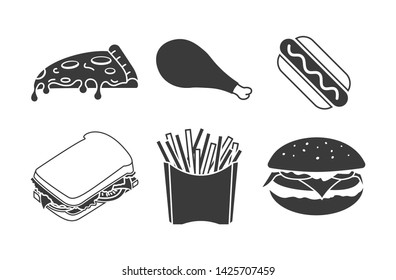 Fast Food Icon Set. Pizza, Fried Chicken Leg, Hot Dog, Sandwich, French Fries, Hamburger Icons Set. Food Silhouette, Vector Illustration