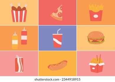Fast food icon set. Pizza slice, french fries,ketchup, mustard, beverage,hamburger,hotdog,noodle soup. Creative art background.Colorful vector cartoon banner
