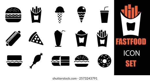 fast food icon set. Showcasing intricately designed representations of burger, pizza, hot dog, donut,  juice  icons. A well organized collection of adaptable solid vector icons