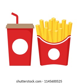 Fast food icon set. Soda with straw in red paper cup and french fries in red paper box. 