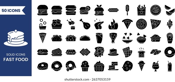 Fast food icon set in solid style. Containing burger, pizza, hot dog, donut, french fries, sandwich, ice cream, taco, nachos, burrito and more. Vector illustration