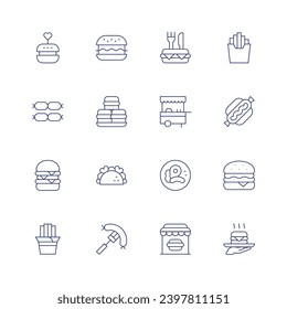 Fast food icon set. Thin line icon. Editable stroke. Containing burger, sausage, chips, hamburger, burgers, taco, food, food cart, fast food, hot dog.