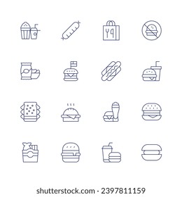 Fast food icon set. Thin line icon. Editable stroke. Containing chips, sandwich, fish and chips, sausage, hamburger, cheese burger, burger, food box, hot dog, fast food, no fast food, popcorn.